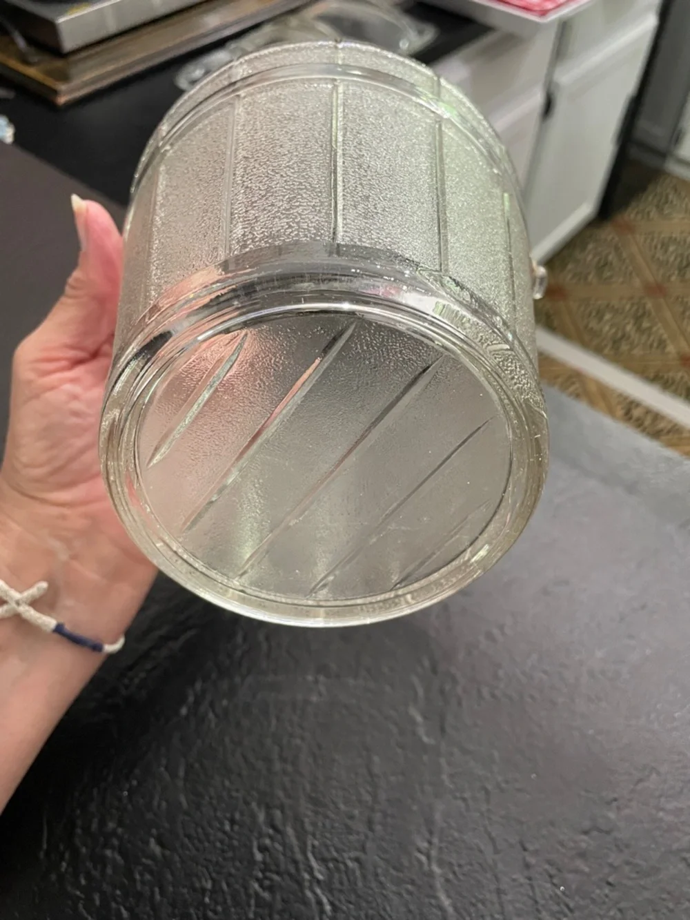 Vintage Clear Glass Textured Ice Bucket with Metal Handle 9x6 handle up